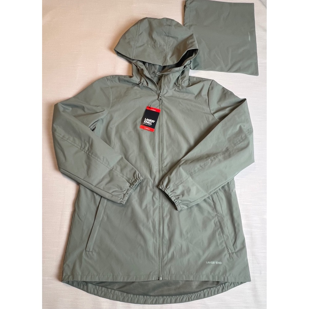 Lands' End Womens Packable Rain Jacket Sage Green Hooded Windbreaker XS NEW